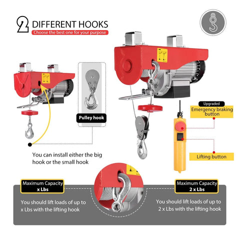 VIVOHOME electric hoist with remote control; front and side views, red body, gray motor, 110V, 440 lb capacity.