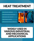 Heat treatment information for industrial applications, highlighting increased hardness and extended lifespan.
