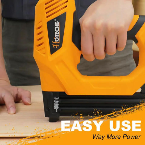 Pro Grade 18 Gauge Electric Brad Nailer And Stapler Workhorse Featuring smooth operation in use on wood surface.