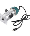 Built Tough 800W Electric Palm Router With Clear Base And Soft Touch Rubber Grip Smooth As Butter 30000 Rpm, side view with cord.