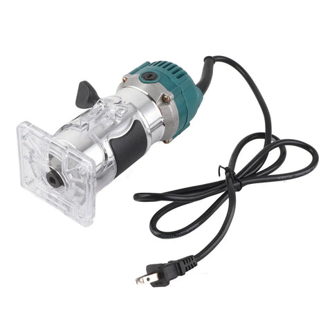 Built Tough 800W Electric Palm Router With Clear Base And Soft Touch Rubber Grip Smooth As Butter 30000 Rpm, side view with cord.