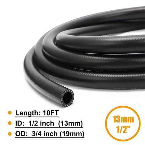 Beefy Half Inch Fuel Line High Pressure Hose 300 PSI Nylon Reinforced 10 Ft, 13mm ID 19mm OD coiled with dimensions