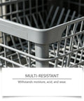 Close-up of a gray metal dishwasher rack, featured in the Slick Dishwasher Rack Repair Coating 30 Ml White Touch Up Paint.