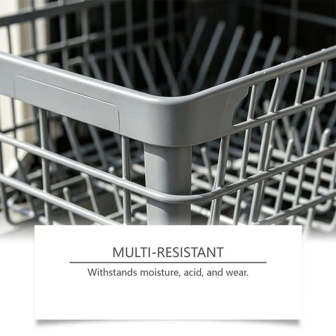 Close-up of a gray metal dishwasher rack, featured in the Slick Dishwasher Rack Repair Coating 30 Ml White Touch Up Paint.