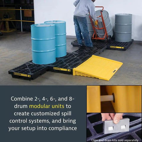 Low Profile Drum Spill Containment Pallet for 55 Gallon Drum, 12 Gallon Capacity, 5.5 Inch Tall, Built Tough HDPE Tray, Recycled Polyethylene, Made in USA, Black