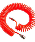 Badass Retractable Pneumatic Air Compressor Hose Got Quick Couplers Fits Garage Workshop Tools 3 Meter Polyurethane Spring Tube Tangle Free Smooth Flow Orange Heavy Duty Flexibility Great For Home And Pros Daily Use Now, orange coiled hose with quick couplers