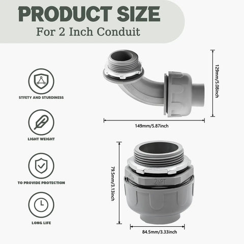 10 Pack 2 Inch Liquid Tight PVC Conduit Connectors Set Straight and 90 Degree fittings shown with dimensions and features.