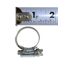 Stainless steel band hose clamp, 1/2 in–1-1/16 in range, worm-drive screw, shown with a tape measure.