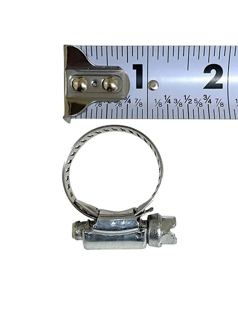 Stainless steel band hose clamp, 1/2 in–1-1/16 in range, worm-drive screw, shown with a tape measure.