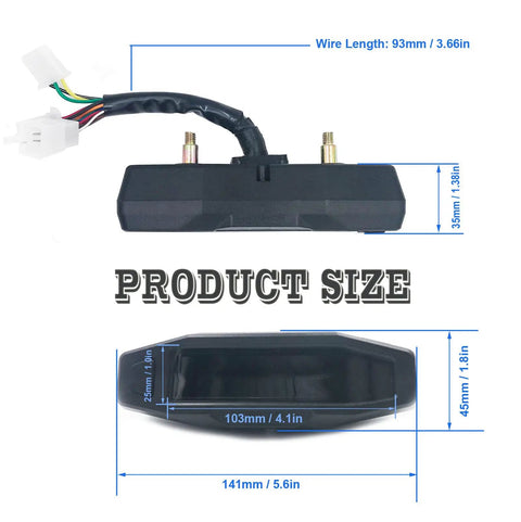 Universal Ride Ready Motorcycle Digital Speedometer dimensions with wire length and product size view in millimeters and inches.