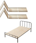Twin Size Foldable Bunkie Board 35X71 Heavy Duty Wooden Bed Slat Foundation on black metal bed frame.