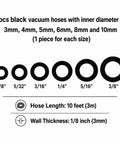 Solid Black Silicone Vacuum Hose Kit With 6 PCS Assorted Diameters Including 3M 4M And 10M Plus 5M 8M And 6M Sizes Each Measuring A Full 10 Feet Long For Heavy Duty Automotive And DIY Projects Using Premium Raw Materials That Stay Flexible. 6 black silicone vacuum hoses, 3mm to 10mm, 10 ft long.