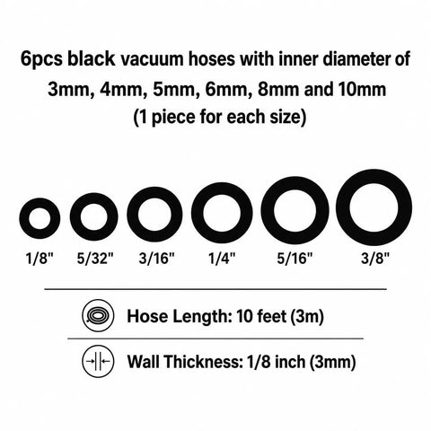 Solid Black Silicone Vacuum Hose Kit With 6 PCS Assorted Diameters Including 3M 4M And 10M Plus 5M 8M And 6M Sizes Each Measuring A Full 10 Feet Long For Heavy Duty Automotive And DIY Projects Using Premium Raw Materials That Stay Flexible. 6 black silicone vacuum hoses, 3mm to 10mm, 10 ft long.