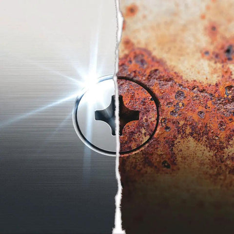Image showing the contrast between a shiny stainless screw head and a rusty one, illustrating durability and corrosion resistance.