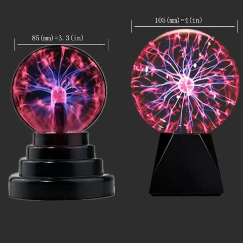 Lit Glass Plasma Ball Light Toy With Touch And Sound Activation 4 Inch Electrostatic Lightning Sphere next to smaller model