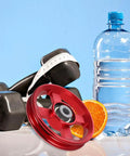 2 Pack Aluminum Cable Pulley Wheel For Weight Lifting Equipment with dumbbells, water bottle, and orange slice