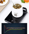 Keep That Coffee Strong Desk Cup Warmer With Steady 55 Degree Thermostat, featuring a black heating pad and white mug.