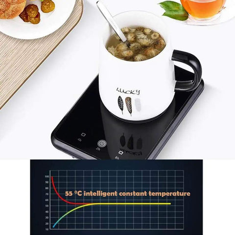 Keep That Coffee Strong Desk Cup Warmer With Steady 55 Degree Thermostat, featuring a black heating pad and white mug.