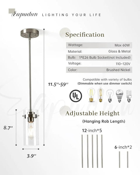Two Pack Brushed Nickel Pendant Lights For Kitchen Island And Dining Room, Adjustable Drop Height, Clear Glass Farmhouse Ceiling Fixtures, Dope Modern Pendant Lighting For Sink Area And Home Decor