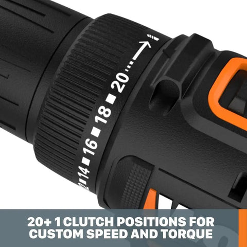 Close-up of 20V Drill Driver Built For Big Jobs With Three Eighths Inch Chuck, 20 plus 1 clutch settings visible on black and orange body.