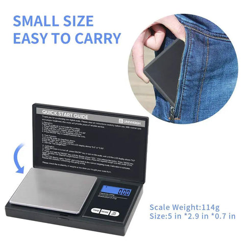 200g 0.01g Digital Pocket Scale With LCD Display, fits in jeans pocket, showing compact and portable design.