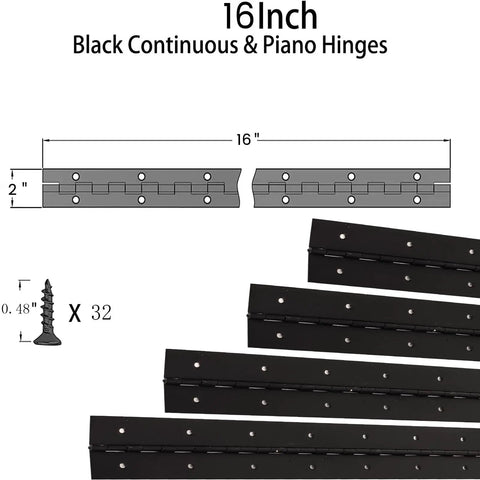 Extra Heavy Duty Stainless Steel Piano Hinges For Garage Doors And Pickup Trucks 16 Inch Matte Black continuous hinges and screws.