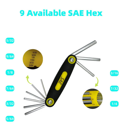 Top Shelf 17 Piece Folding Allen Wrench Set With Flex Head Metric And SAE Hex Keys showing 9 SAE hex sizes on a compact folding tool.