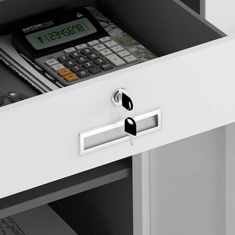 White Metal Lockable Filing Cabinet With Adjustable Shelves And Two Drawers For Home Office Organization And Secure File Storage