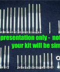 Polished Stainless Engine Bolt Kit With Socket Allen Bolts Nuts Washers And Lockwashers For Dirt Bike Engines laid out on surface