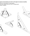 Illustration of Mini Welding Magnetic Jig Four Pack With Nine Pound Hold Each showing use at 45°, 90°, and 135° angles for hands-free welding.