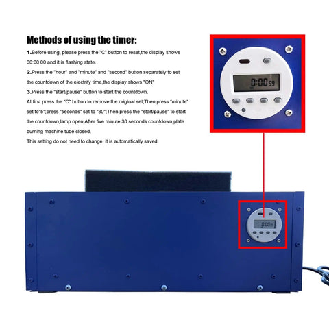 Control panel of UV Exposure Unit Silk Screen Printing Light Box With 4 15W LED Tubes, showcasing countdown timer.