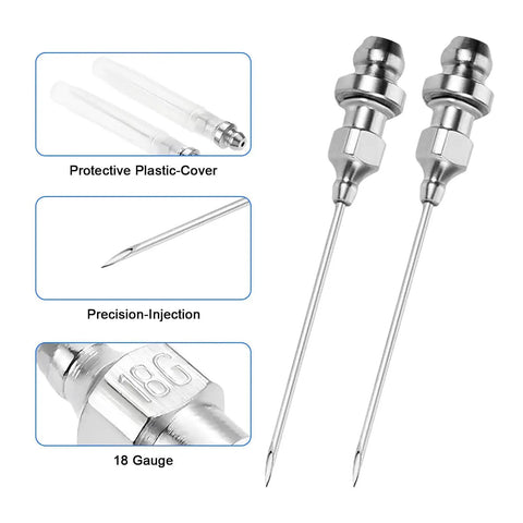 Grease Gun Tips Kit With 12-Inch Hose And Quick Connect featuring precision needle tips with protective cover and 18 gauge mark.