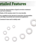 Flat washers set, 304 stainless steel, 270 pcs, 8 sizes for screws and bolts
