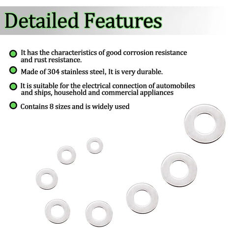 Flat washers set, 304 stainless steel, 270 pcs, 8 sizes for screws and bolts