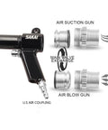 Top Shelf Pneumatic Vacuum And Blower Gun Badass Dual Function Air Tool for No Sweat Garage Cleanup showing air suction and blow gun components.