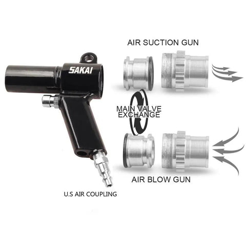 Top Shelf Pneumatic Vacuum And Blower Gun Badass Dual Function Air Tool for No Sweat Garage Cleanup showing air suction and blow gun components.
