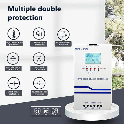 60A MPPT Solar Charge Controller 12V 24V 36V 48V With 160V PV Input LCD Display Four Stage Charging For AGM Gel Flooded And Lithium Batteries, Powerful Battery Regulator For Off Grid Solar Systems displayed with protection features.