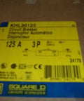 Top Shelf Three Pole Adjustable Trip Circuit Breaker K Frame Thermal Magnetic Molded Case Switch 125 Amp 600 Vac label with specs.