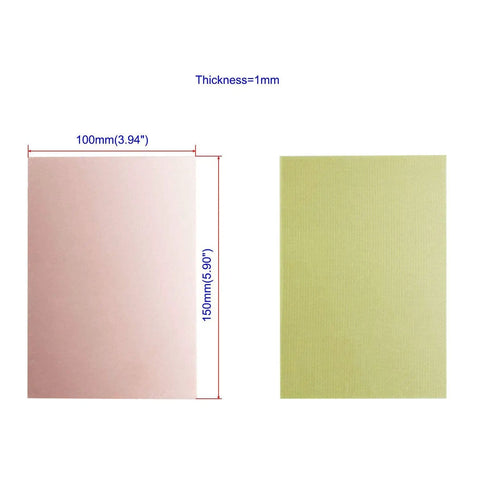 Single Sided Copper Clad PCB Laminate Board FR4 Glass Fiber 150 X 100 X 1mm Pack Of 5, front and back view, dimensions shown