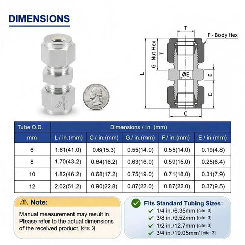 VALVENTO 316 stainless steel compression tube fitting, 8mm x 8mm straight union with double ferrules (front view)