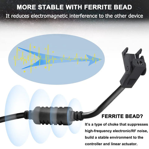 Power cable with ferrite bead choke on black cord and plug end