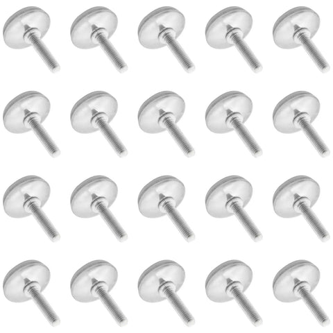 Rock Solid M6 Adjustable Furniture Levelers 20 Pack Heavy Duty Table Glides with stainless steel screws arranged in rows.