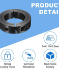 Two Piece Single Split Shaft Collar With 45mm Bore, 73mm Outer Diameter, 19mm Thick, Black Oxide 1045 Steel, Set Screws Included, Heavy Duty Clamp