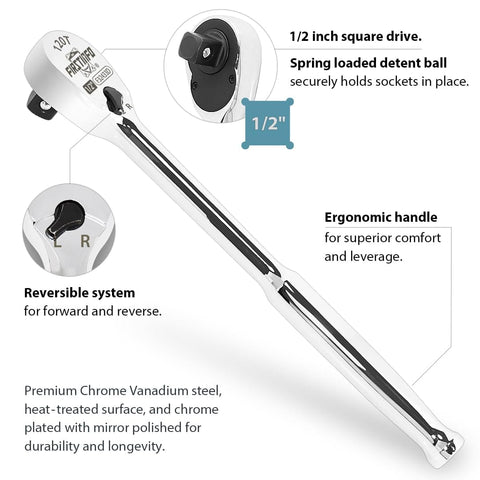 Stubby Half Inch Drive Ratchet Handle With 120 Tooth Sealed Head, Reversible Low Profile Ratcheting Wrench For Tight Spaces shown at angle