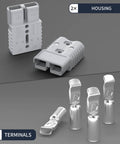 Beefed-Up Battery Quick Connect Disconnect Kit 175 Amp 600V 1/0 AWG, 2 pack plug housing and 4 terminals.