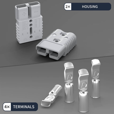 Beefed-Up Battery Quick Connect Disconnect Kit 175 Amp 600V 1/0 AWG, 2 pack plug housing and 4 terminals.