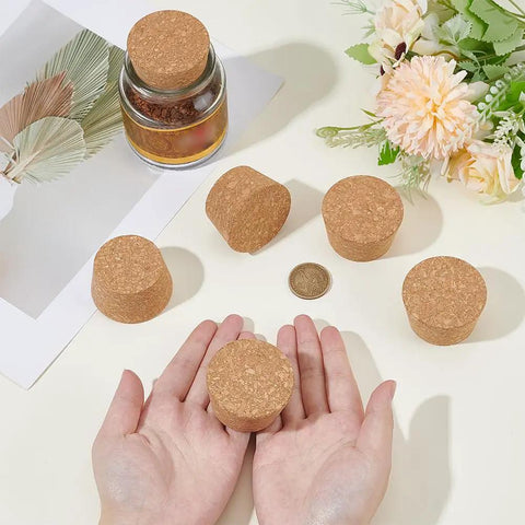 Six Pack Large Cork Stoppers 1.7 To 2 Inch Tapered Cork Bottle Plugs Fit Wine Bottles Beer Bottles Mason Jars displayed on table
