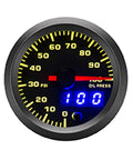 Front view of a 52mm oil pressure gauge kit with a black dial, yellow numerals, red needle, and blue LED digital readout