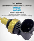 TorqueVance coolant temperature sensor with brass body and black plastic connector for automotive cooling system.