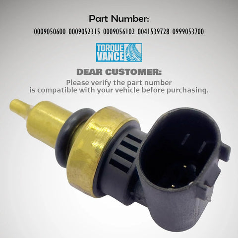 TorqueVance coolant temperature sensor with brass body and black plastic connector for automotive cooling system.